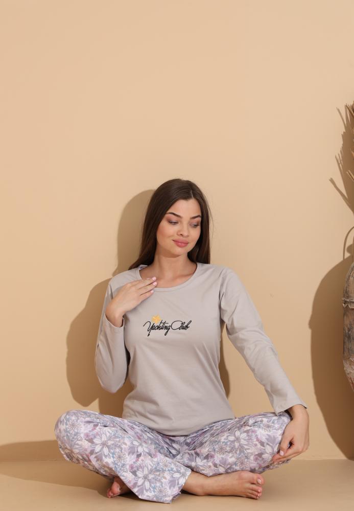 Pijama Dama „Yachting Chib" ,Pantaloni si Maneca Lunga,Culoare Crem, Engros